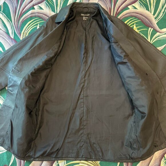 y2k blck 100% leather ‘Savannah’ overcoat minimalist trench - SZ M! stylish ~ - Picture 5 of 8